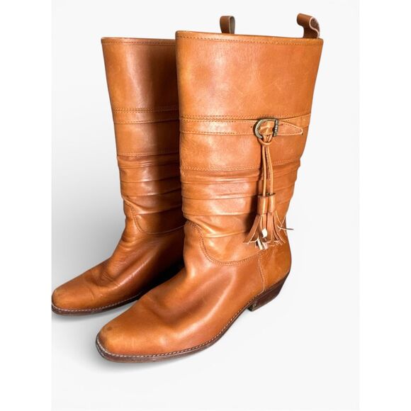 9 WEST Vintage 80s Cognac Leather Tassel Boots Western Boho Equestrian Style